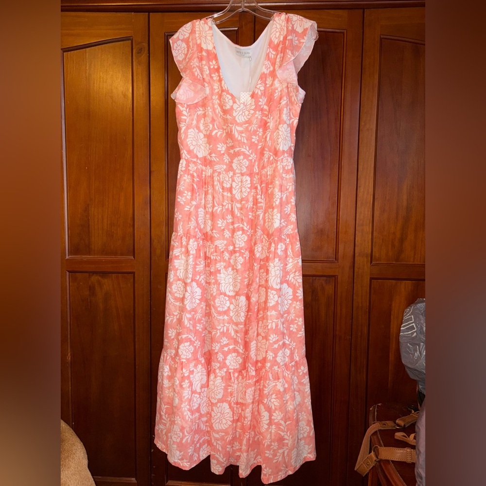NWT Elegant White & Peach‎ Floral Maxi Dress #1591